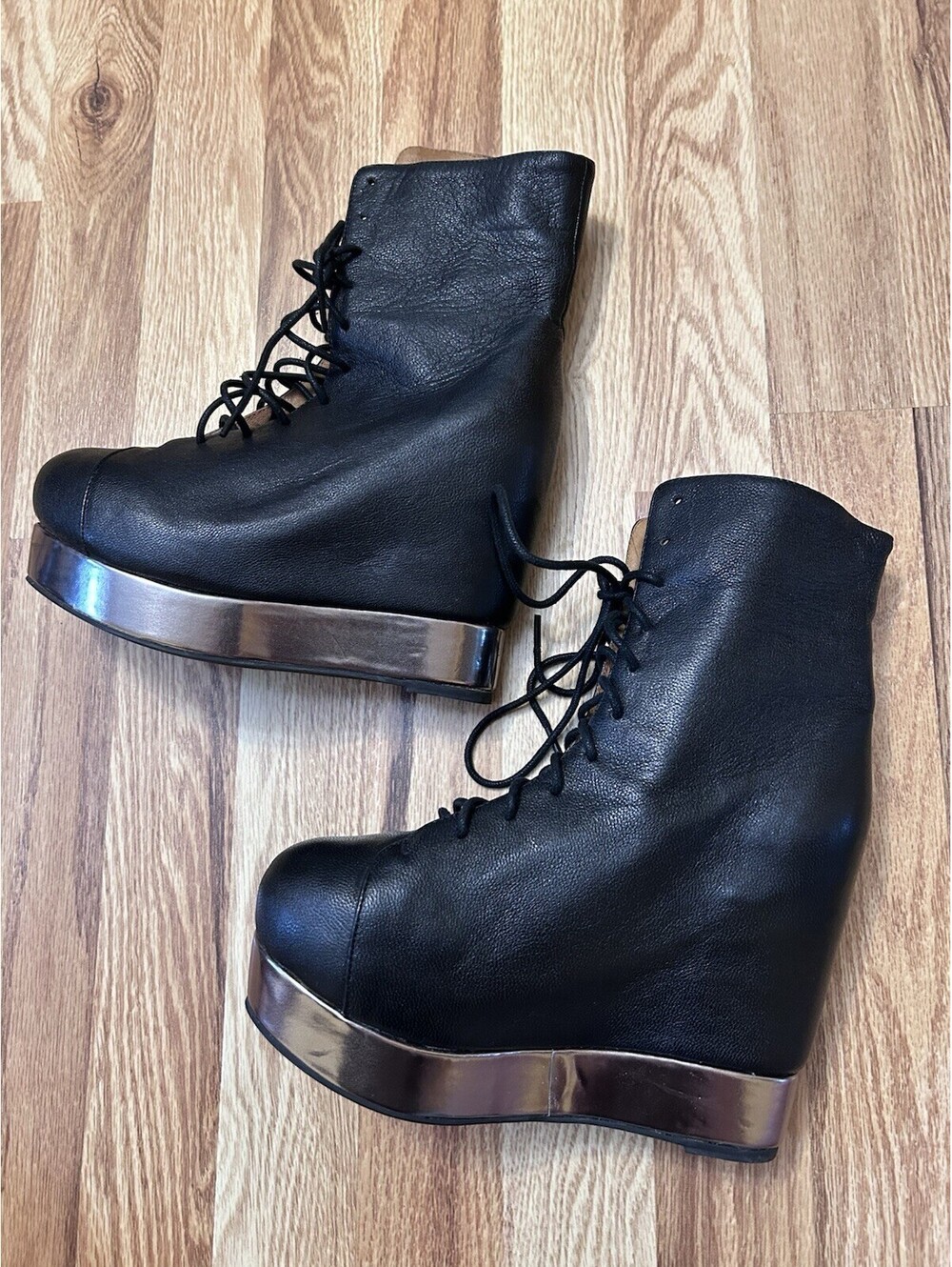 Jeffrey Campbell Black Leather Back Off Platform Wedge Booties 7